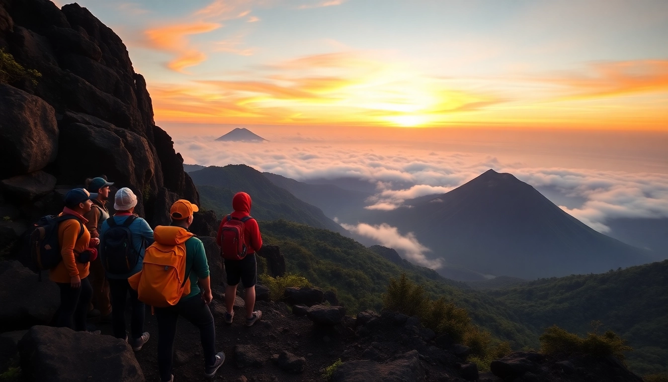 Hikers overlooking Mt Rinjani at sunrise in Lombok's lush volcanic landscape.