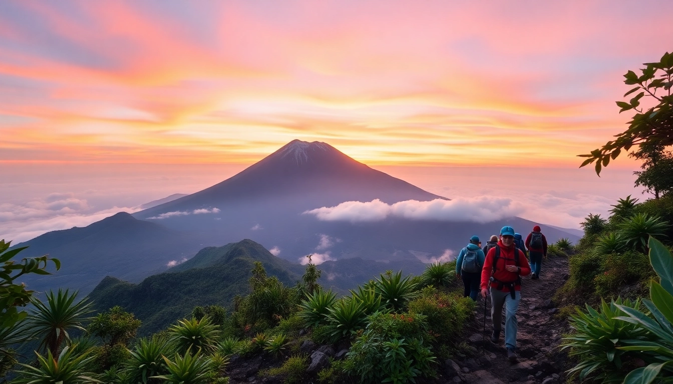 Hikers ascending Mount Rinjani at sunrise with lush greenery and vibrant sky