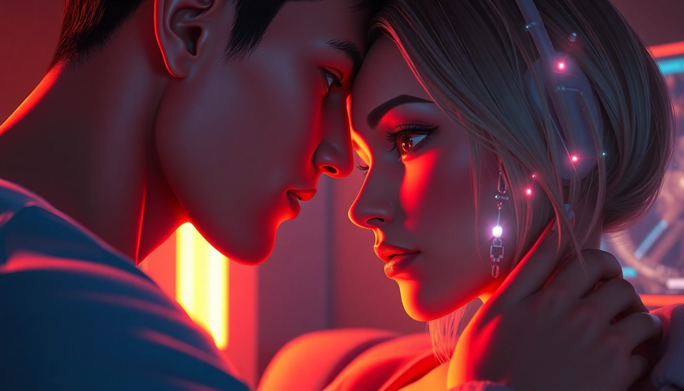An intimate digital scene showing a human and an AI character in a cozy, softly lit room with glowing tech visuals in the background.