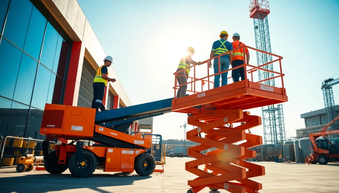Efficient scissor lift rental for construction projects, showing workers at height safely operating the equipment.
