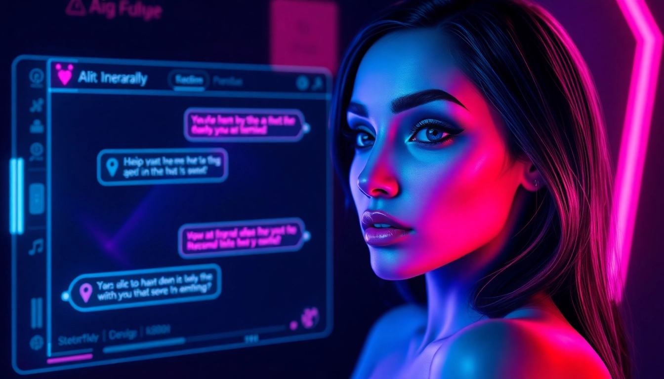 Close-up of a digital AI chat interface with a seductive female avatar and neon-lit design elements, evoking intimacy and modern technology.