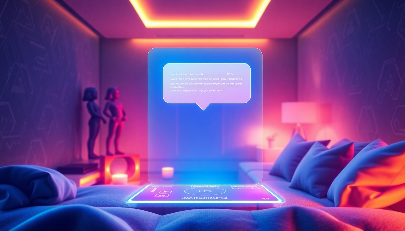 An illustration of a futuristic chat environment featuring holographic interfaces and AI characters in a cozy, modern room with neon accents.