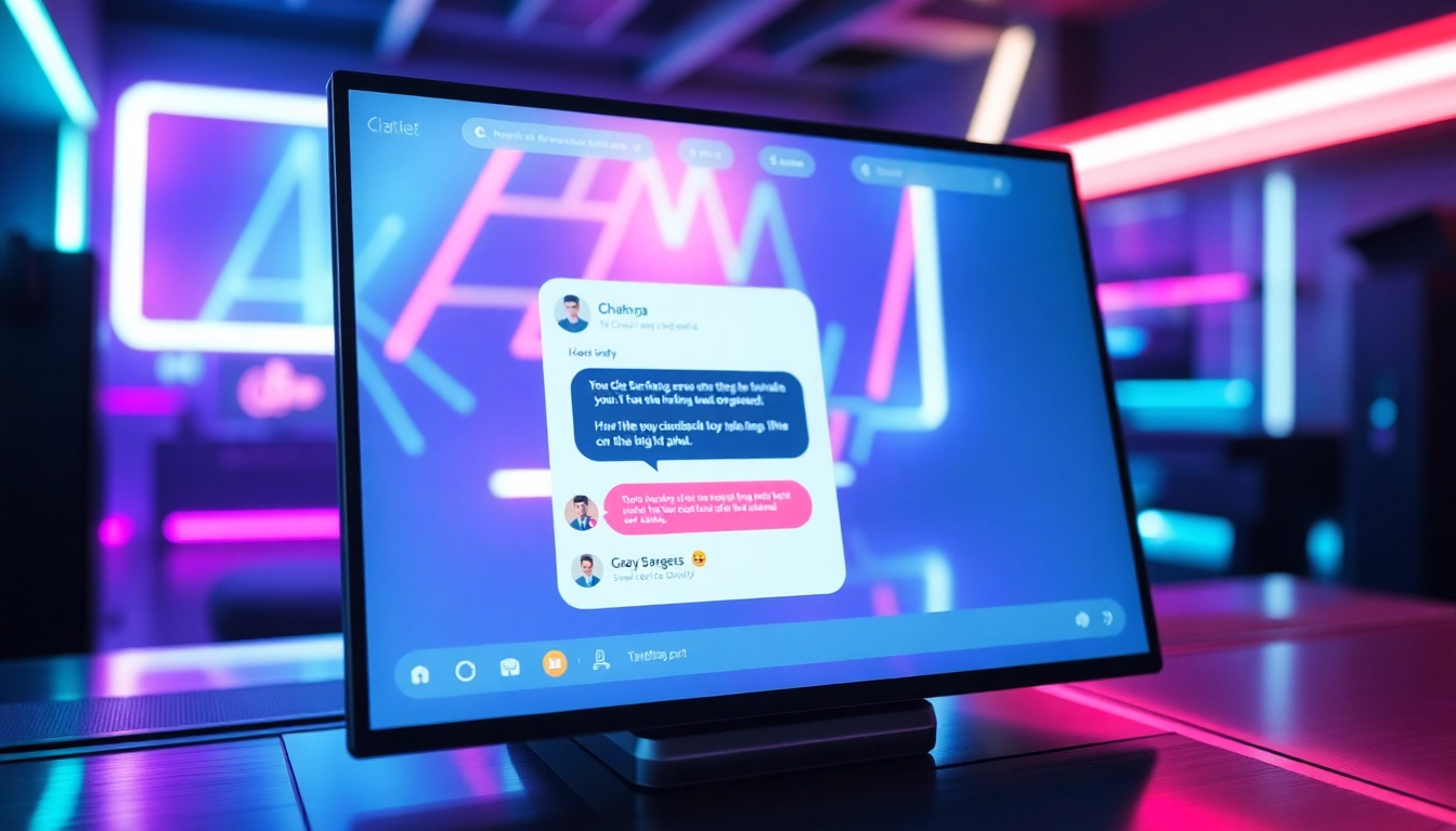 Futuristic chatbot interface on a neon-lit screen with colorful chat bubbles and cyberpunk aesthetic.