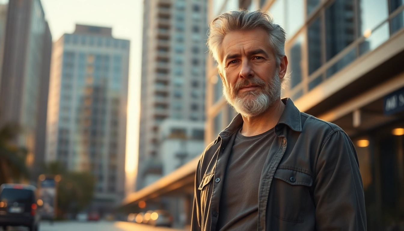 Attractive older man with salt-and-pepper hair standing in urban sunset setting, exuding confidence and maturity.