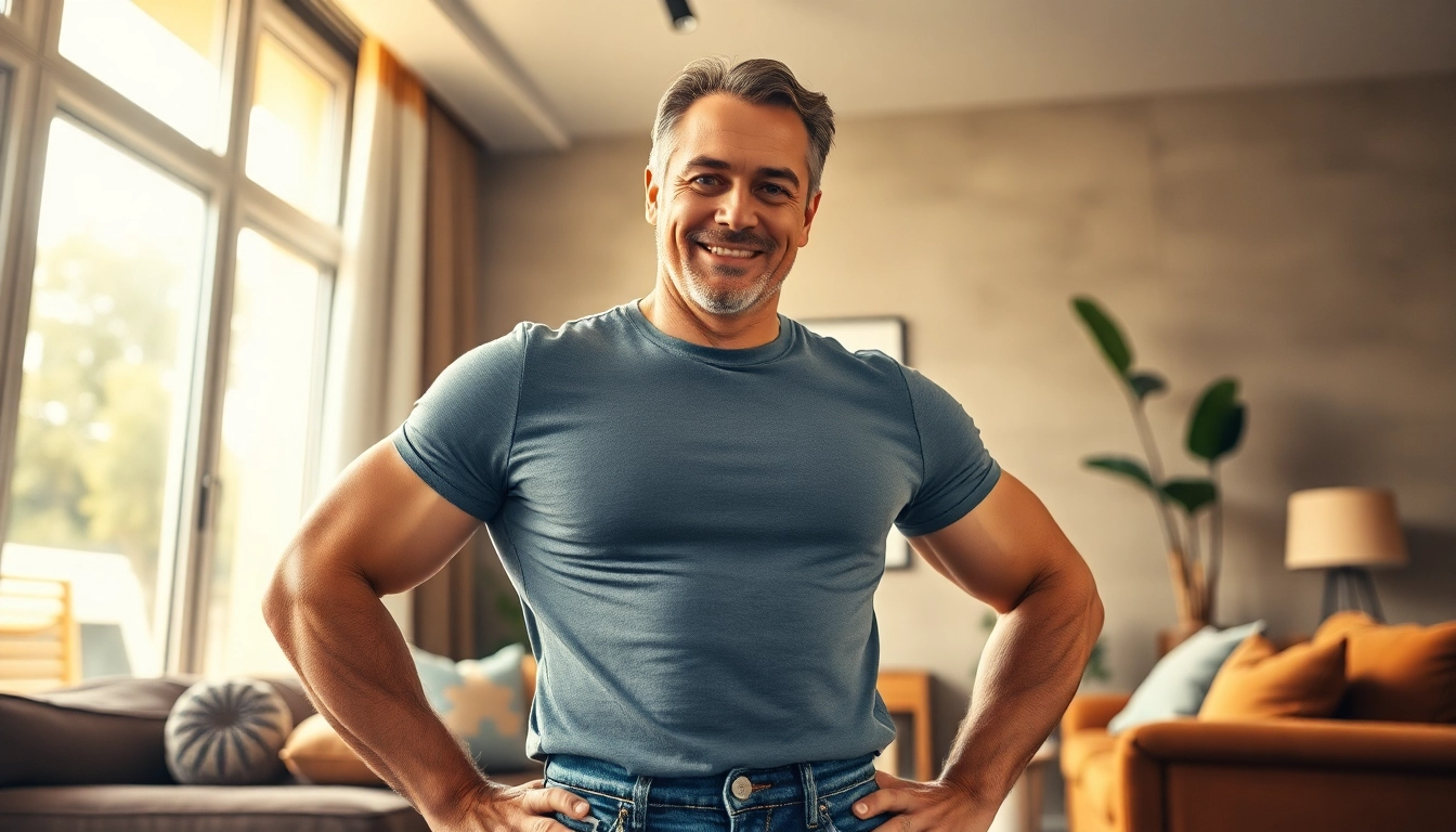 A confident, attractive middle-aged man with a muscular build smiling in a stylish living room illuminated by natural sunlight.