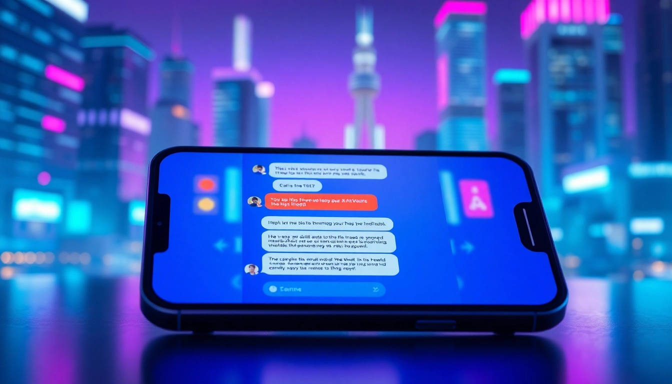 Futuristic digital chat interface with neon cityscape background and lively conversation on a sleek device screen.