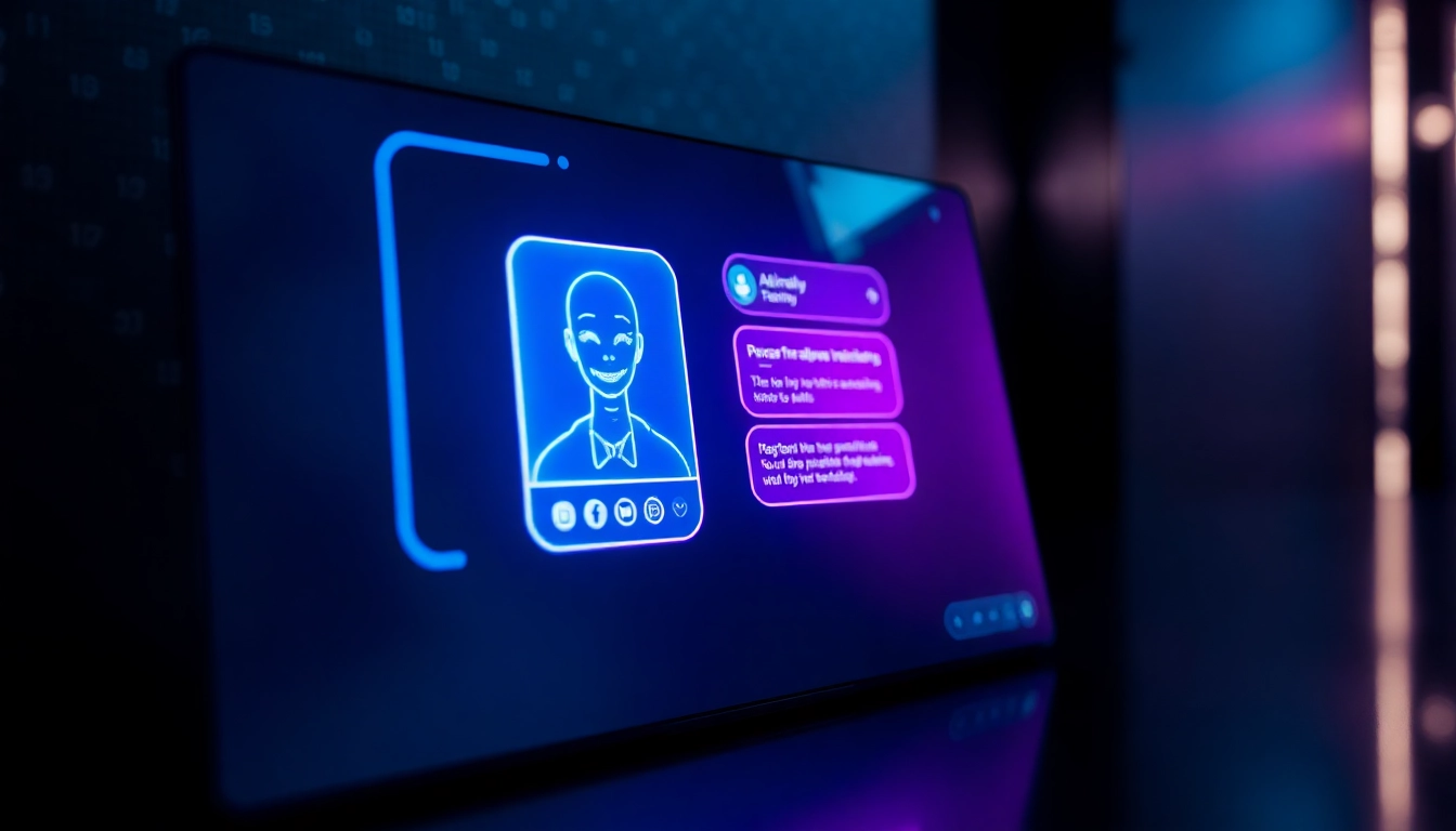 Close-up of a futuristic AI chatbot interface with neon colors and holographic chat window.