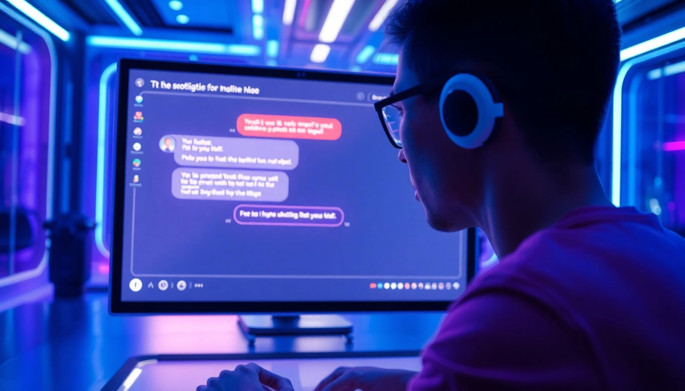 A person interacting with a futuristic AI chatbot on a sleek digital screen in a high-tech environment.