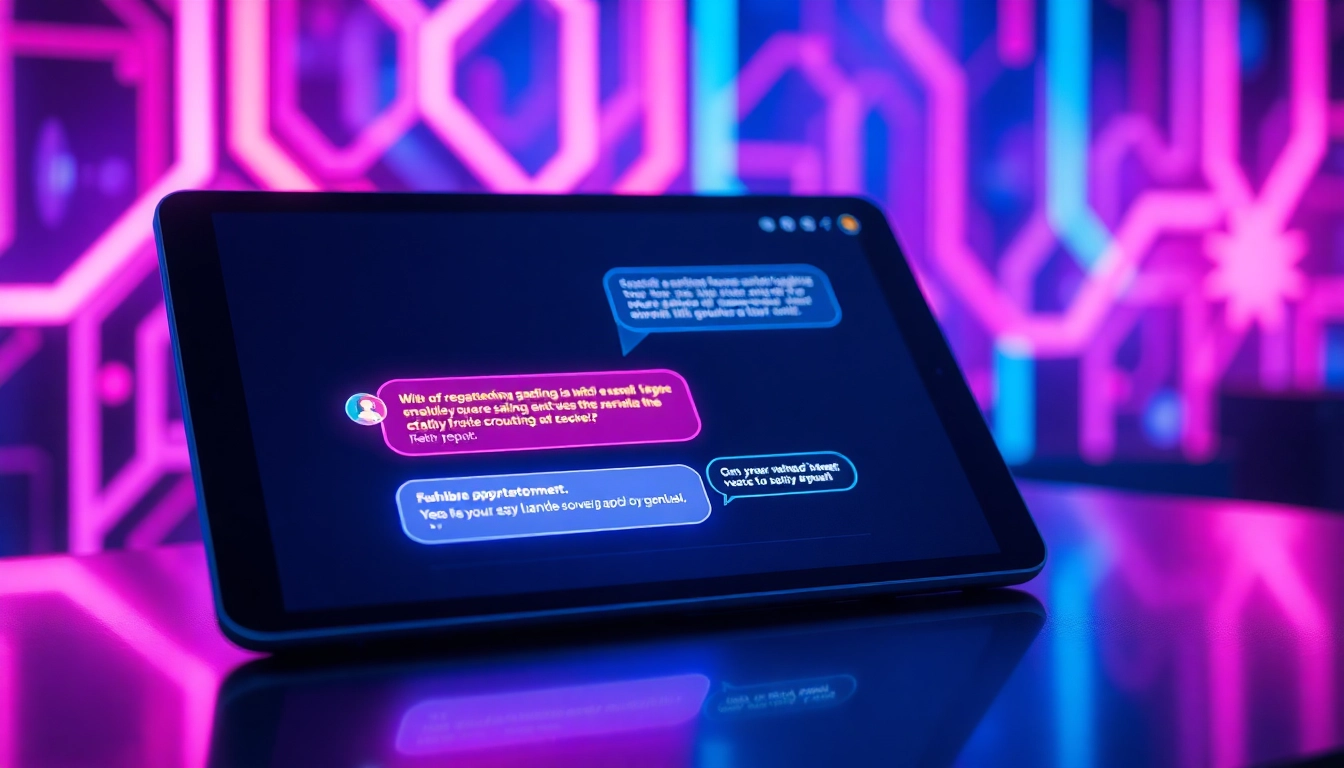 Futuristic AI chatbot interface with glowing conversation bubbles and neon background