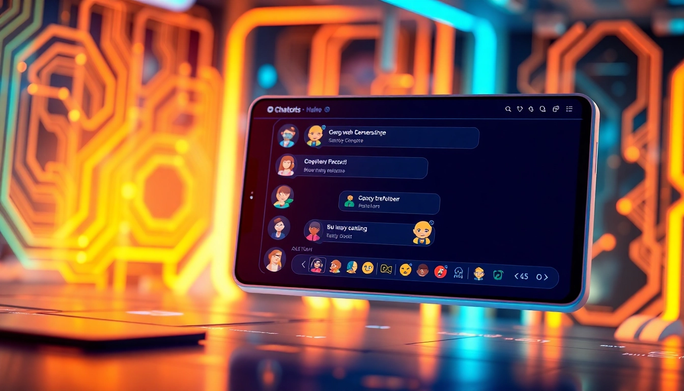 An illustration of a futuristic AI chatbot interface with animated character avatars and a high-tech digital background.