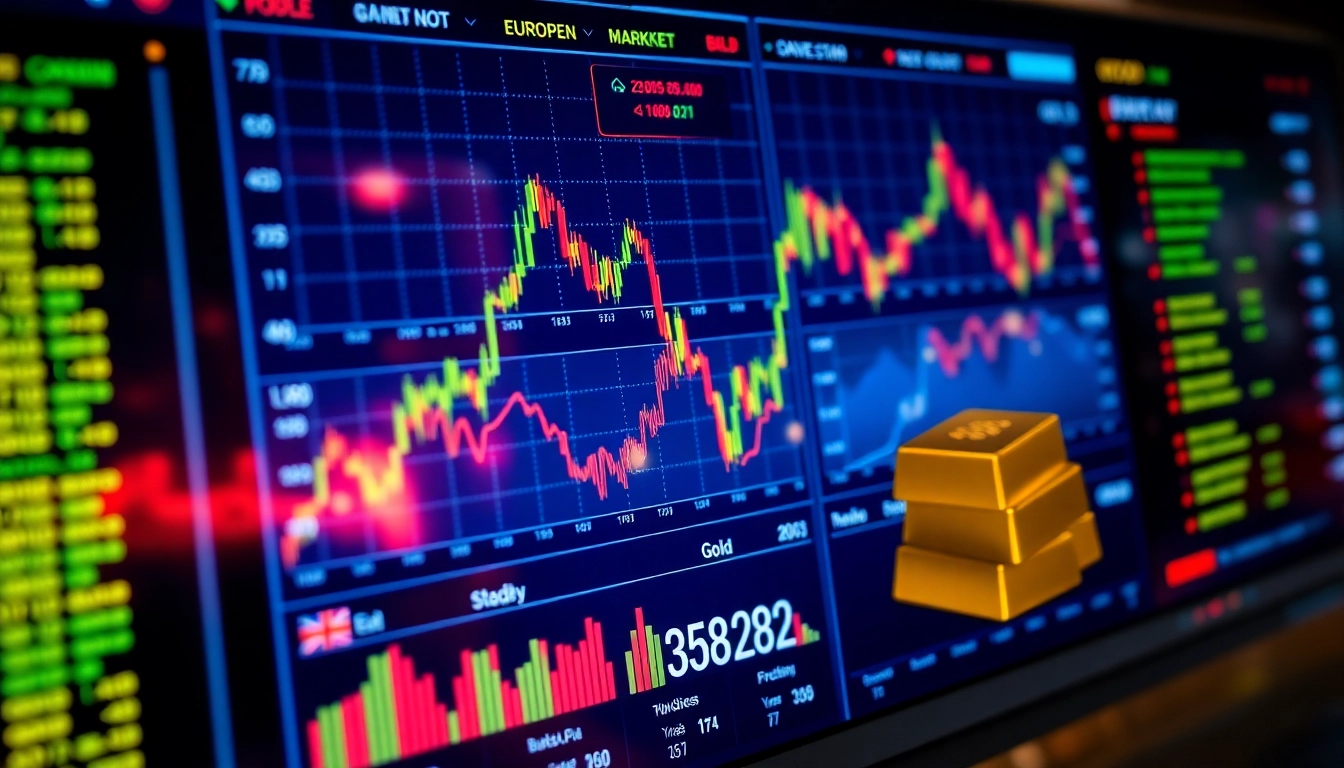 Stocks and Shares News update with fluctuating stock charts, rising gold prices, and European