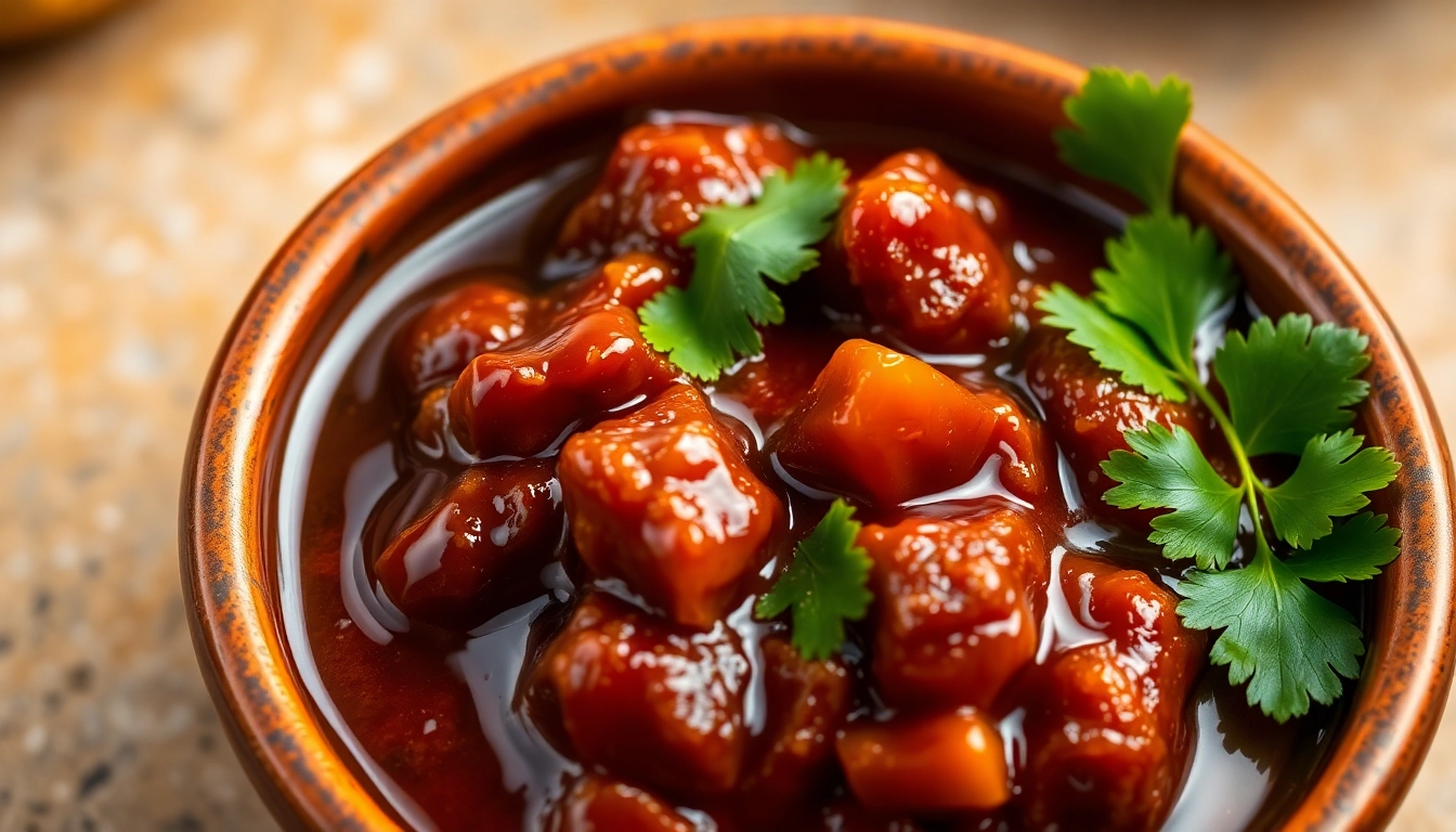 Vivid image of a bowl of Date & Tamarind Chutney with fresh garnishes for savory flavor enhancement